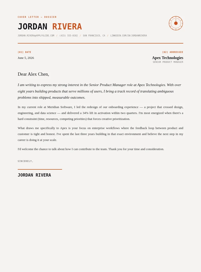 Avant Vault cover / personal letter for Project Coordinator