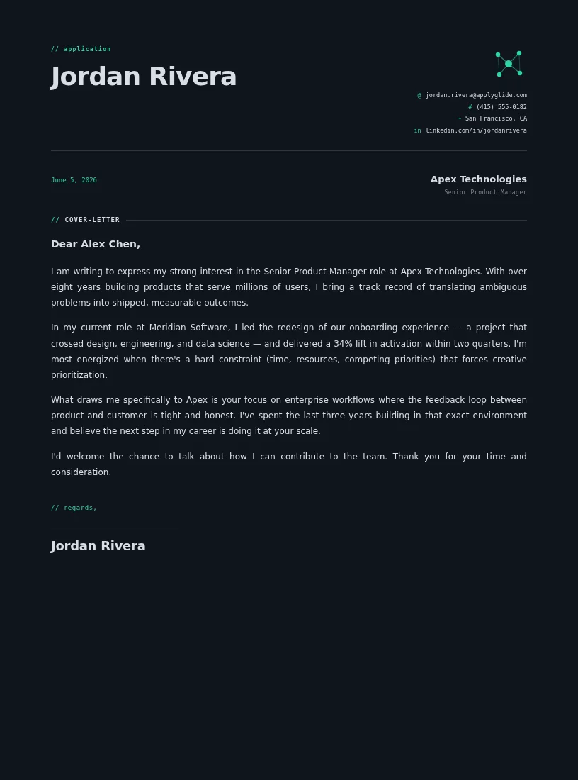 Helix cover / personal letter for Contract Manager