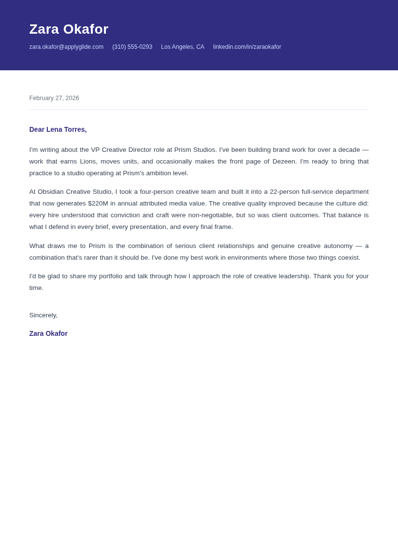 Indigo cover letter