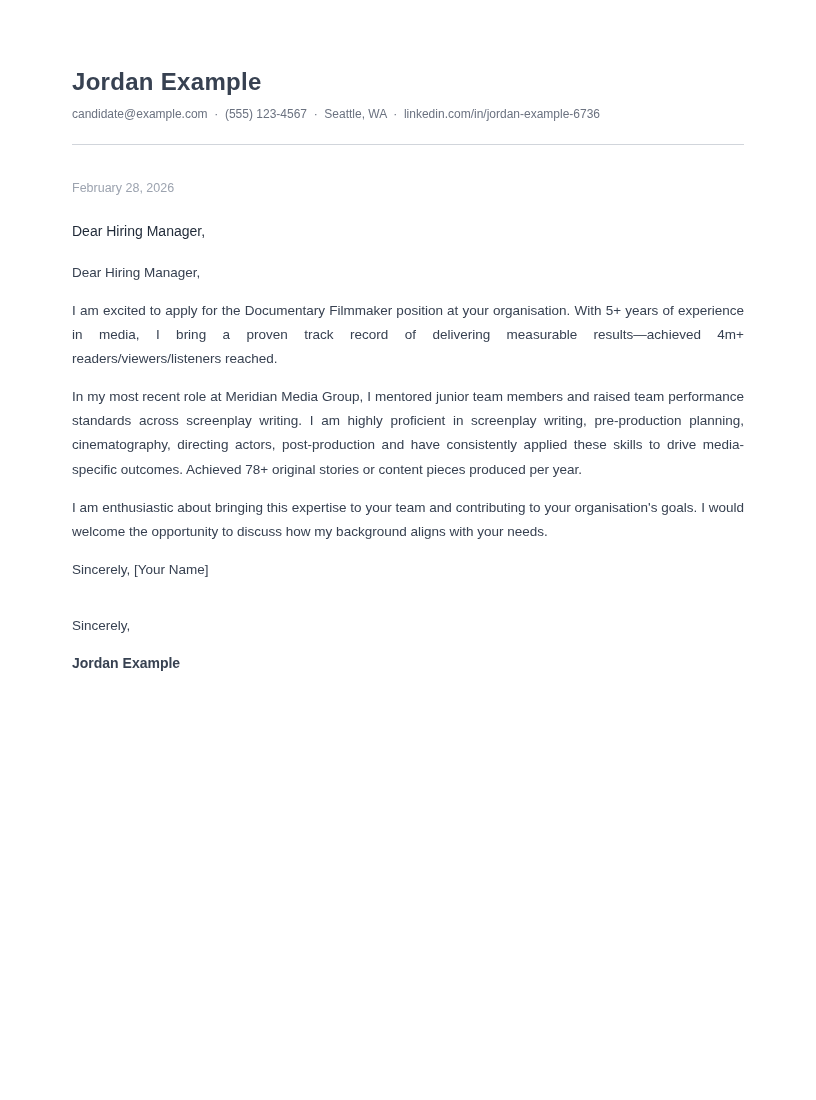 Irving Letter cover letter for Documentary Filmmaker