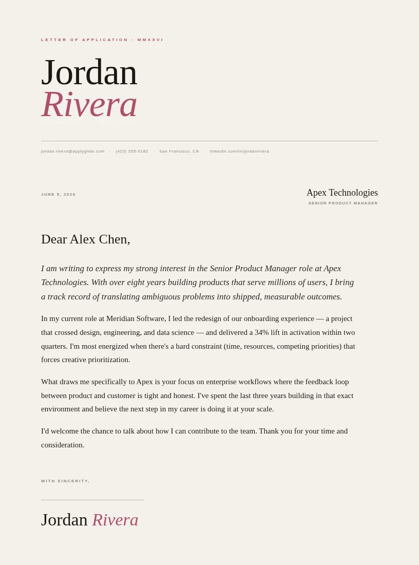 Maison cover / personal letter for Contract Manager