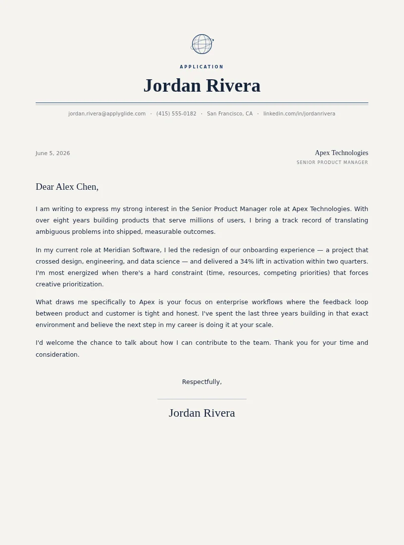 Meridian cover / personal letter for Internist