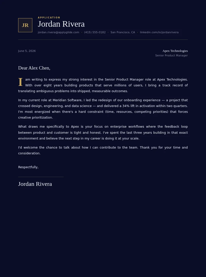 Market Research Analyst cover / personal letter example using Prestige template