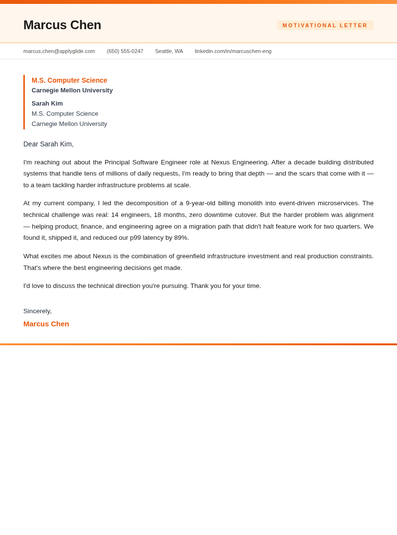 Kinetic motivational letter