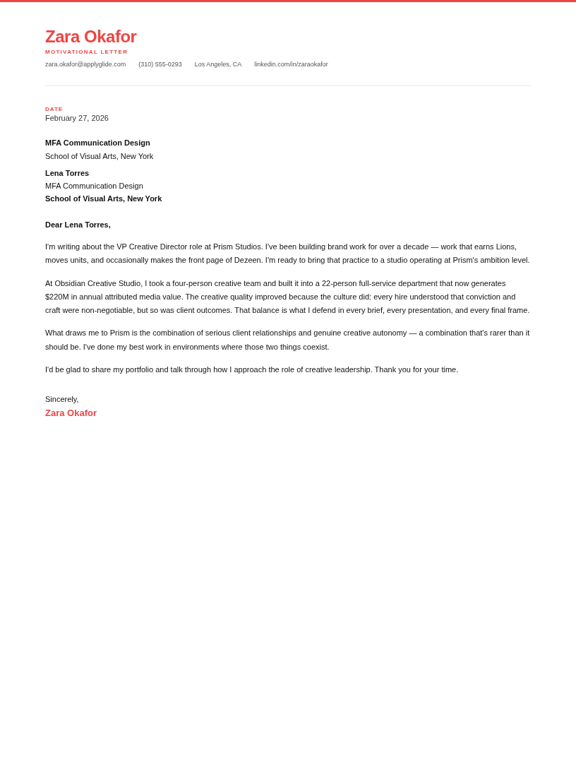 Velocity motivational letter