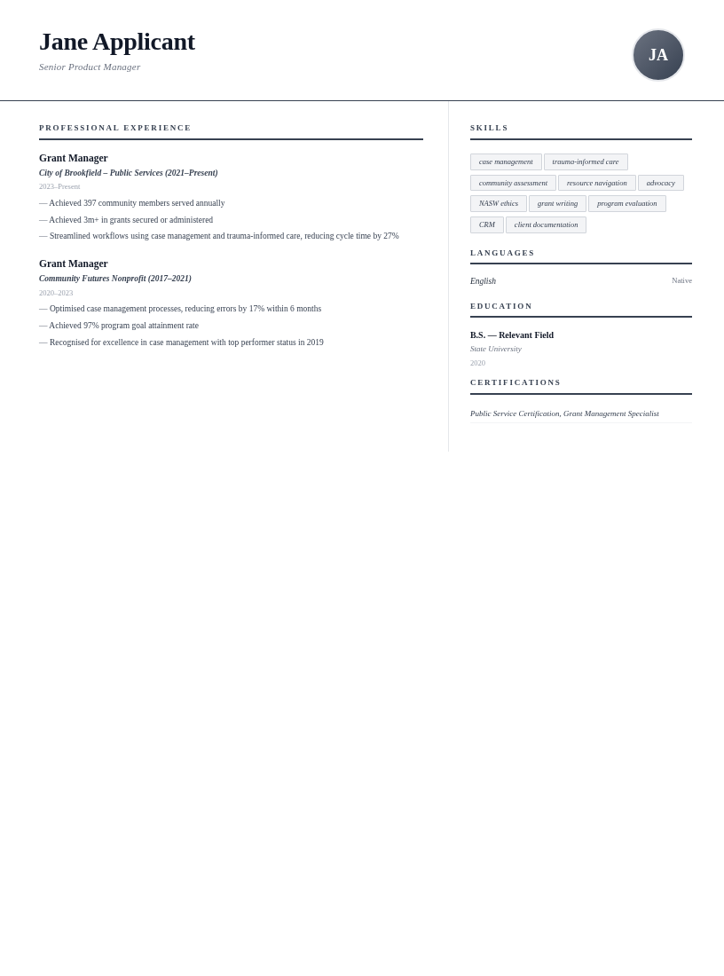 Folio resume for Grant Manager