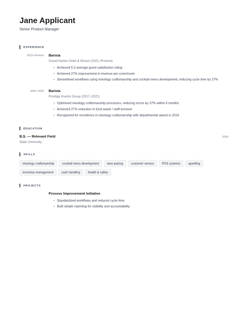 Irving resume for Barista