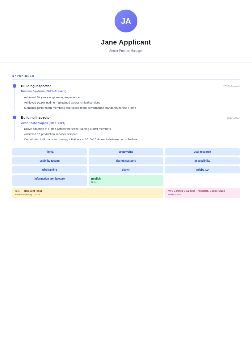 Mosaic resume for Building Inspector