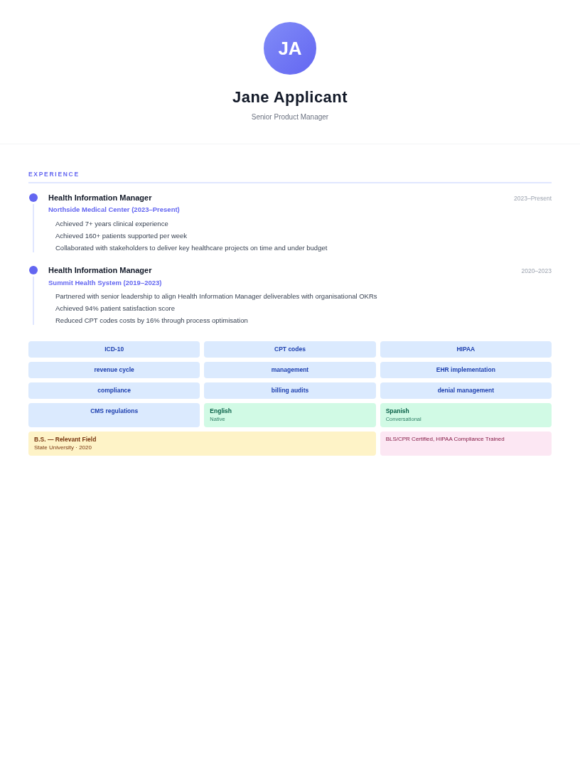 Mosaic resume for Health Information Manager