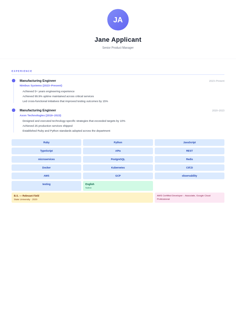 Mosaic resume for Manufacturing Engineer