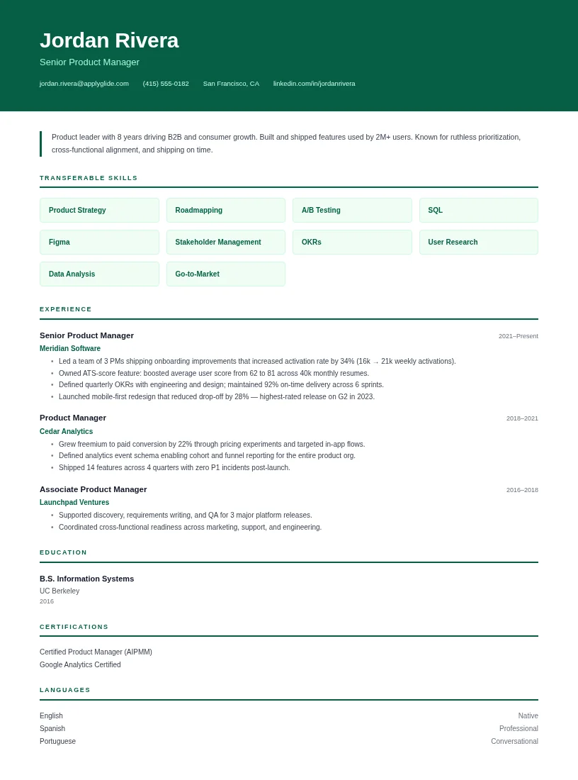 Pivot resume for Partnership Sales Manager